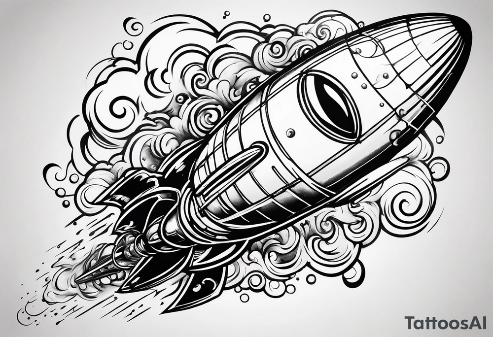 thinner rocketship with a psychedelic mushroom top with fire coming out the bottom bursting out of bubble as the bubble pops tattoo idea