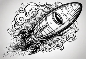 thinner rocketship with a psychedelic mushroom top with fire coming out the bottom bursting out of bubble as the bubble pops tattoo idea