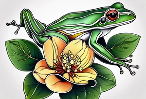 Fine line honeysuckle vine wrapped around forearm in color. Incorporate a small tree frog tattoo idea