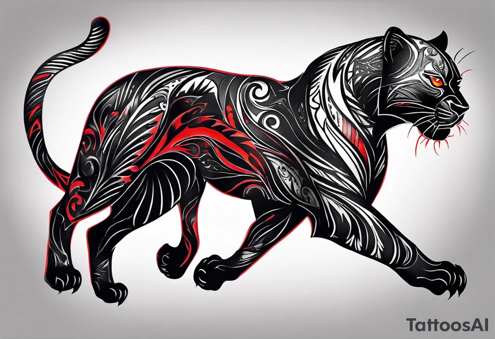 unique black panther tattoo, portrayed in a dynamic pose, showcasing its strength and grace, striking red eyes, intense and captivating elements, artistic flair, blending realism with abstract elements tattoo idea