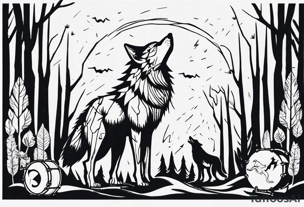 thunderstorm over a forest with a wolf howling on drums tattoo idea