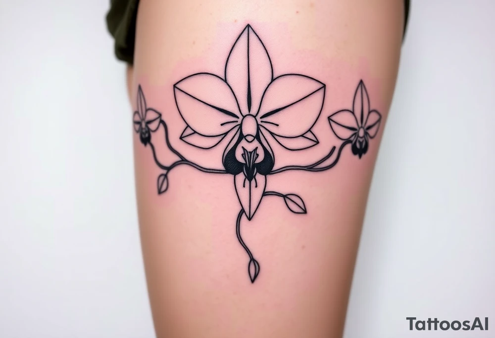 Three fine line orchids different size realistic, the central part resembles a vagina. Are connected with branches tattoo idea