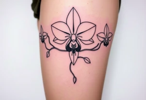 Three fine line orchids different size realistic, the central part resembles a vagina. Are connected with branches tattoo idea
