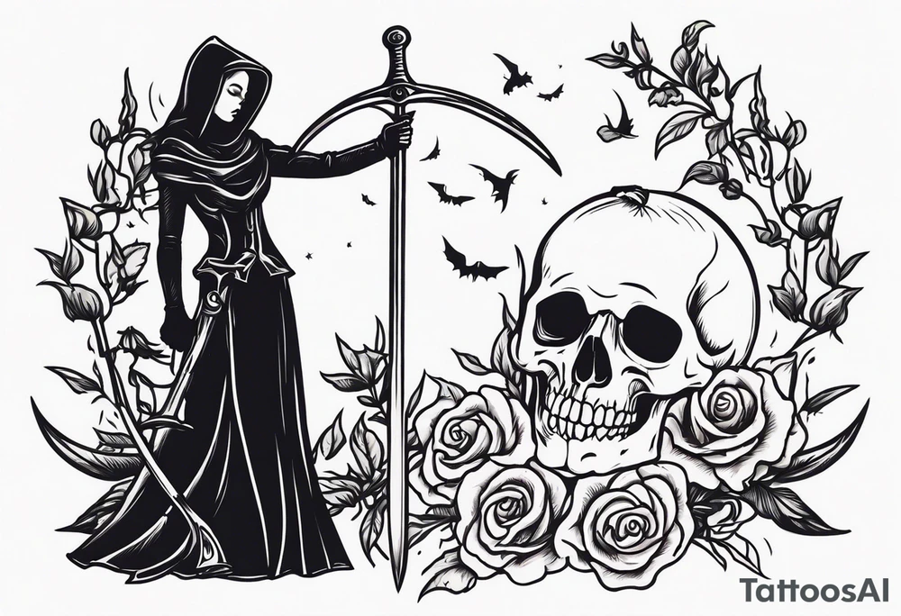 death with scythe and nightshade mortician tattoo idea