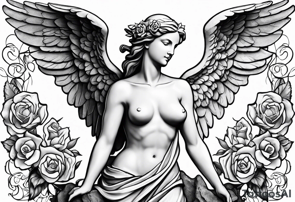 Simple Angel statue stood on a rock with daffodils and roses wrapped around its legs tattoo idea