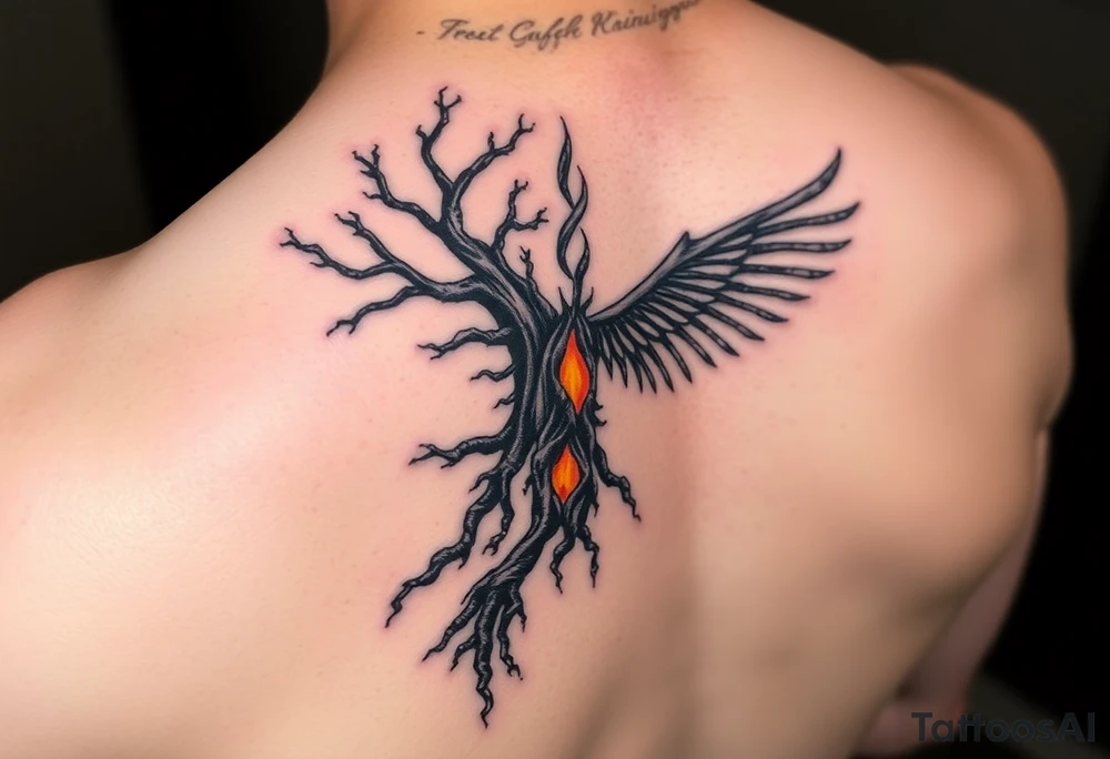 1. “Burnt Offerings”
Theme: Healing through destruction.
Visual: Charred tree roots climbing up your spine, turning into flames halfway, then slowly transforming into skeletal wings—unfinished, like you stopped mid-rebirth. The middle of the spine glows dimly, like coals never fully put out.
Vibe: You survived, but not clean. You carry the burn. tattoo idea