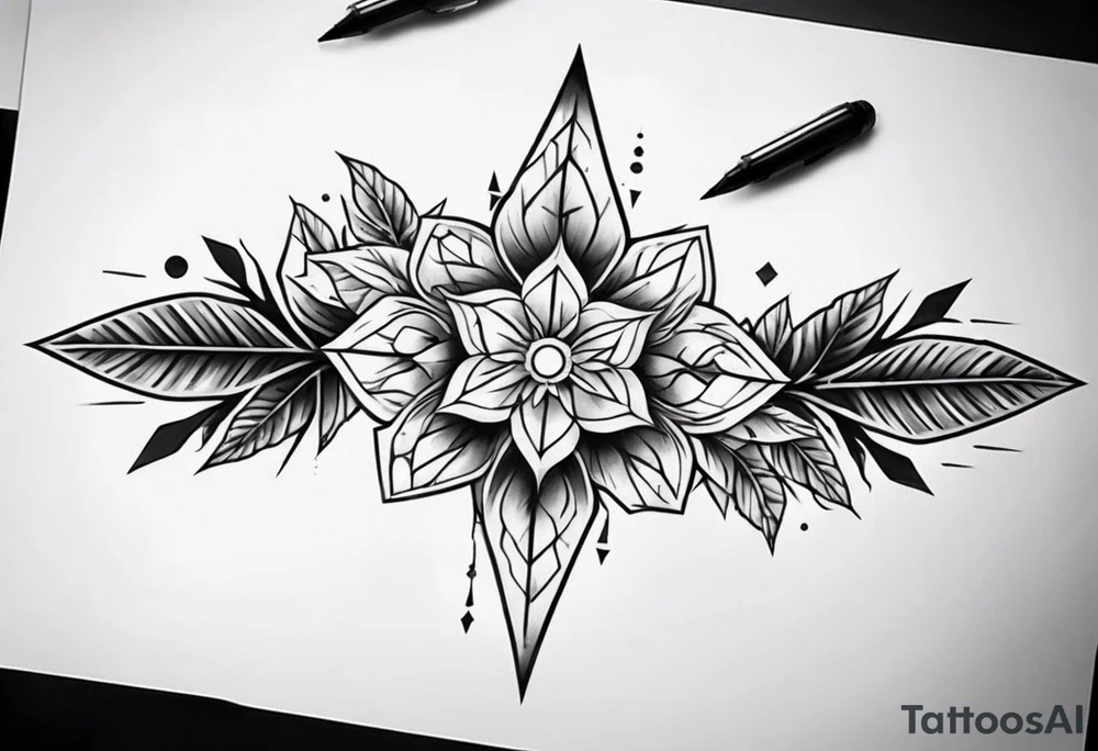 full arm tattoo. pointy leaves combined with geometric shapes. whole arm tattoo idea