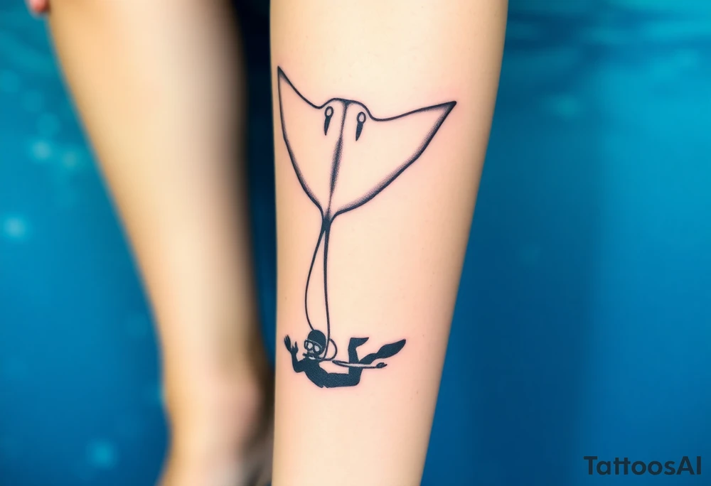 Manta ray silhouette above, scuba diver underneath, water background tattoo idea