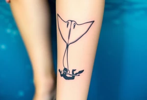 Manta ray silhouette above, scuba diver underneath, water background tattoo idea