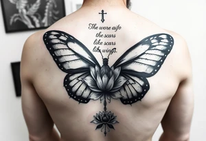 butterfly with cracked wings and lotus flower with quote that says “she wore her scars like wings” all down spine but very elegant towards lower back and small tattoo idea