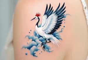 A white crane with black wing tips and red crown flying through misty blue clouds. tattoo idea