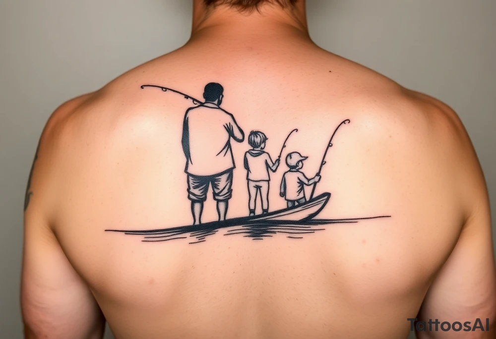 Silhouette of Dad, 14 yr old son, 11 yr old daughter and 3 yr old son fishing on dick and lake tattoo idea