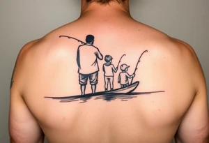 Silhouette of Dad, 14 yr old son, 11 yr old daughter and 3 yr old son fishing on dick and lake tattoo idea