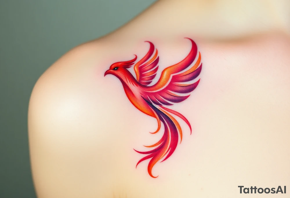 Phoenix rising from the ashes with the colors red, pink, orange and purple. Size 3 cm wide and 5 cm high tattoo idea