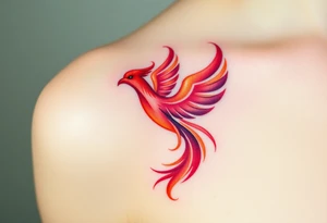 Phoenix rising from the ashes with the colors red, pink, orange and purple. Size 3 cm wide and 5 cm high tattoo idea