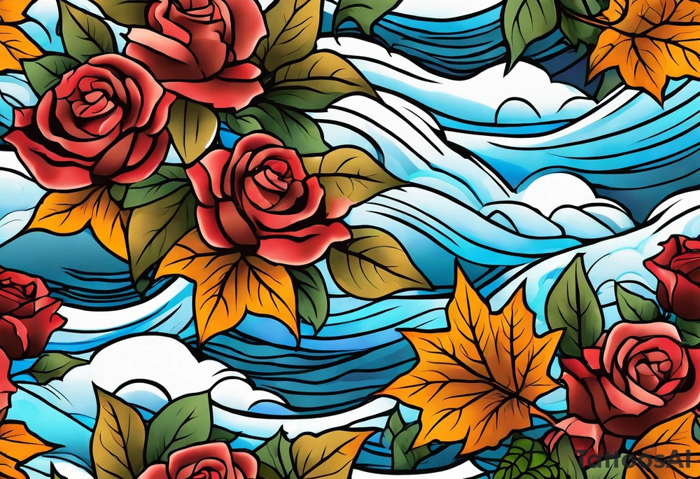 thigh tattoo in fall colors, showing water flow, rocks, sky, clouds, leaves, roses tattoo idea
