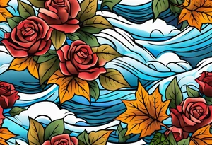 thigh tattoo in fall colors, showing water flow, rocks, sky, clouds, leaves, roses tattoo idea