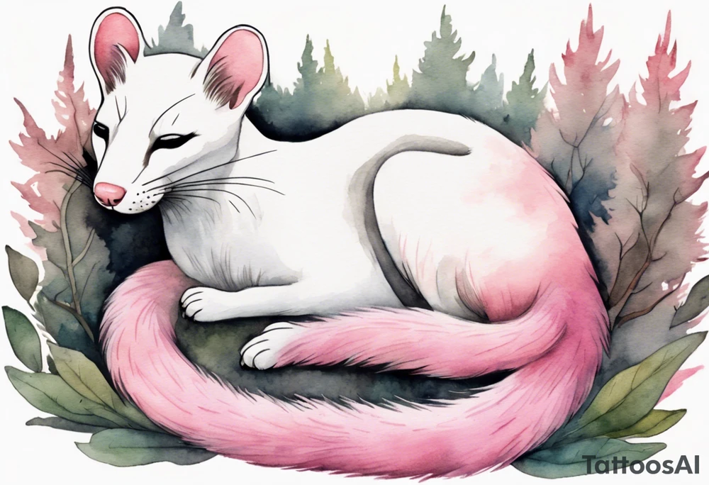 watercolor of an ermine covered in pink fur with a pink nose sleeping in a forest tattoo idea
