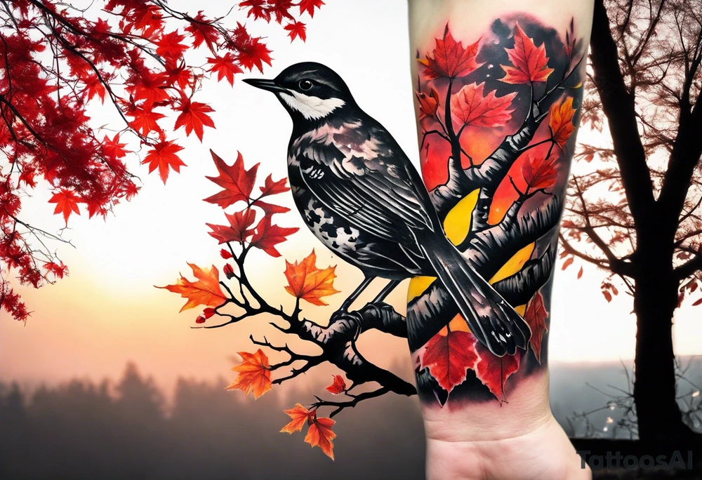 trash polka style. Arm tattoo. chest tattoo. Long tattoo. large tattoo. Full sleeve. Shoulder. A single large maple tree with red autumn leaves that branches upwards from wrist to shoulder. White-throated dipper bird on the trees branches. Calluna flowers at the base of the trees stem. Tree stem has dark colors. Red/yellow sunset behind the trees stem. Leaves falling. tattoo idea