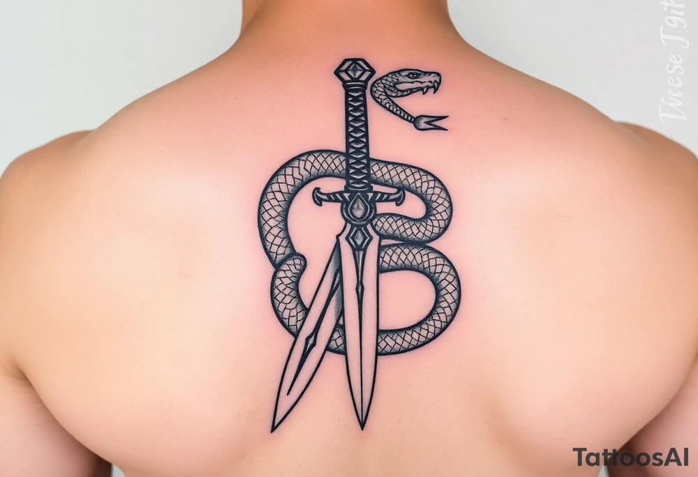 mystical snake coiled around an ancient dagger with jeweled hilt tattoo idea