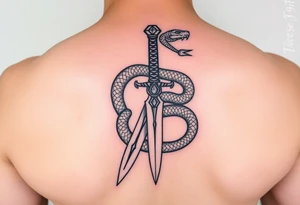 mystical snake coiled around an ancient dagger with jeweled hilt tattoo idea