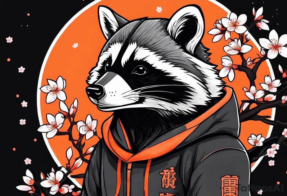 Raccoon wearing a white Superman logo on a black hoodie and orange Japanese cherry blossoms tattoo idea