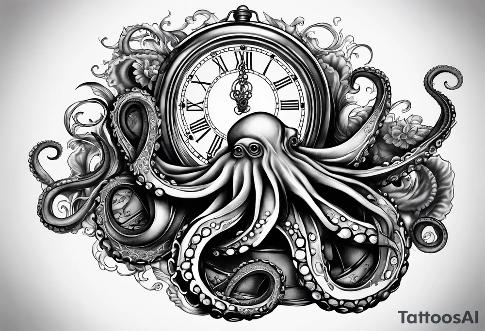 to be drawn in the arm, pocket watch wrapped under an aggressive octopus in side view tattoo idea