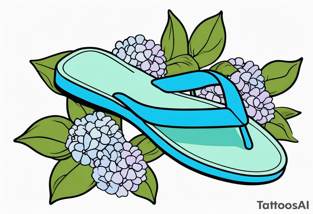 small tattoo of a pastel blue flip flop surrounded by blue and lavender hydrangea flowers with green leaves tattoo idea