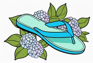 small tattoo of a pastel blue flip flop surrounded by blue and lavender hydrangea flowers with green leaves tattoo idea