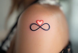 A navy blue infinity figure embracing a glowing coral pink heart at the top. tattoo idea
