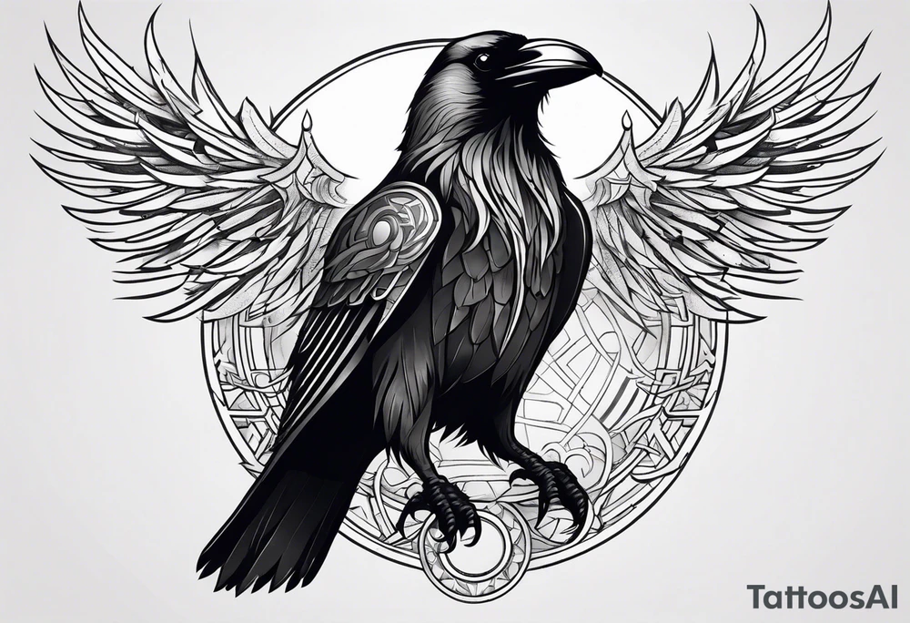 Create a tattoo of odin's crow set in the Viking mythology, the tattoo must be a full-right arm sized, with background tattoo idea