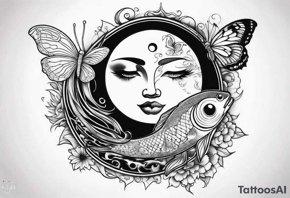 sun and moon with ying and yang symbol , coi fish & butterflies tattoo idea