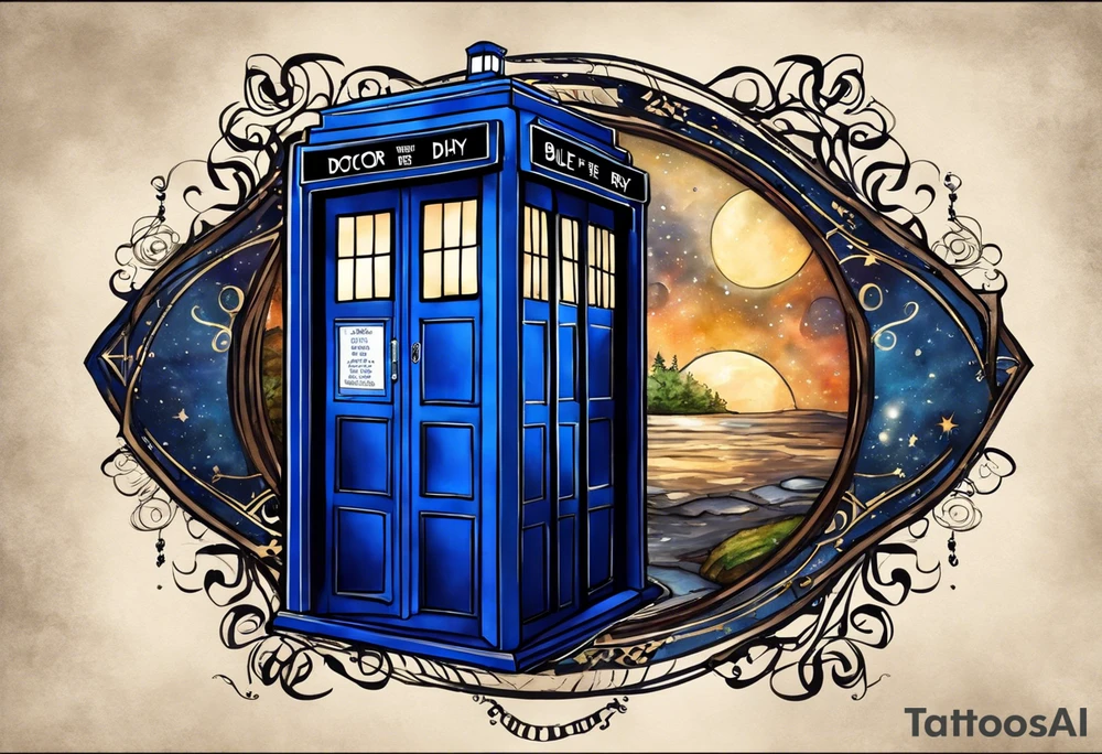River songs diary from doctor who with the words "We're all stories in the end" I want just the TARDIS blue diary and those words in ribbons or something around the diary.  I want the diary to be closed tattoo idea