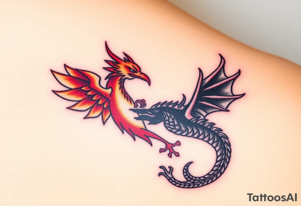 A phoenix and a dragon intertwined, one side fiery red and gold (good) and the other dark with shades of black and silver (evil), symbolizing transformation and balance tattoo idea