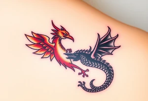 A phoenix and a dragon intertwined, one side fiery red and gold (good) and the other dark with shades of black and silver (evil), symbolizing transformation and balance tattoo idea