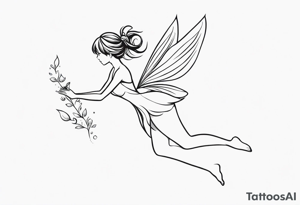 Minimalistic, monochromatic fairy with a tail flying to the left in a fetal position, leaning and looking in the same direction, with visible hands, embodying the 'Fairy Tail' logo aesthetic. tattoo idea