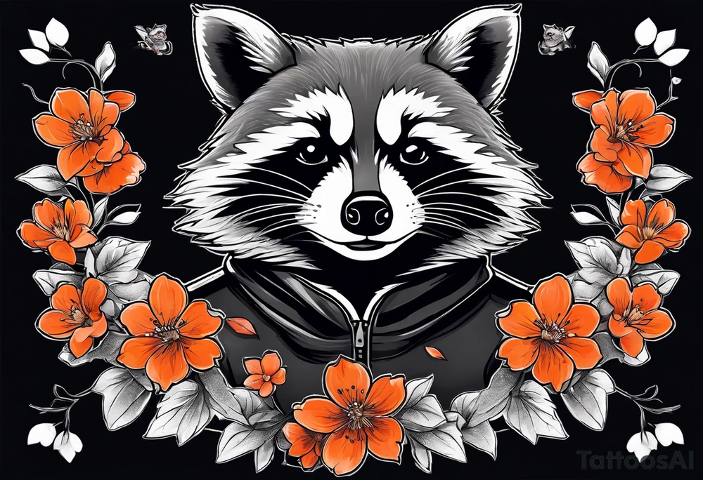 Raccoon wearing a white Superman logo on a black hoodie and orange Japanese cherry blossoms beside tattoo idea