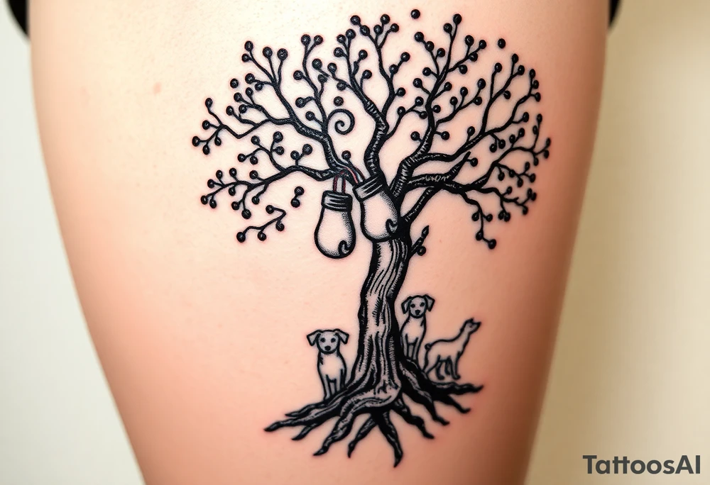 Hippy beech tree full of life. 
Jamie, Derek, Iris, John, bill, Winnie names in the roots, Mavis, Garhi, Mickey, Pam, Lucy, in the branches at the top. Names can be in Hebrew. 
Three dogs a Rhodesian Ridgeback, King Charles cavalier and chihuahua. 
Prett, feminine ornate. Boxing gloves hanging from tree tattoo idea