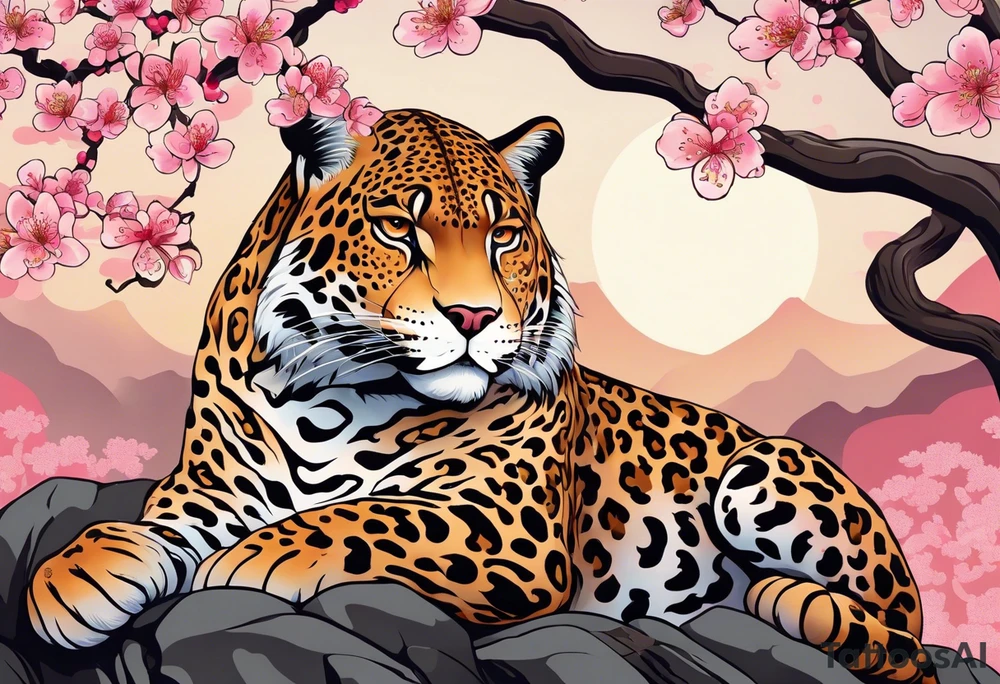 An irezumi style big cat, with the colour and pattern of a jaguar on the body of the big cat. It should be climbing upwards, with the head looking to the right. The background is a stylised cherry blossom tree with multiple shades of pink for the blossoms. The colours of the background are not dark, so that the jaguar stands out against the background. tattoo idea