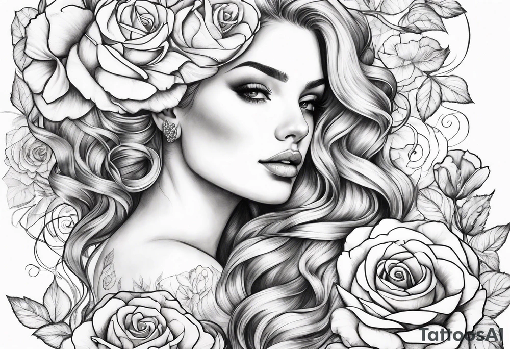 Long blonde curls with roses intertwined tattoo idea