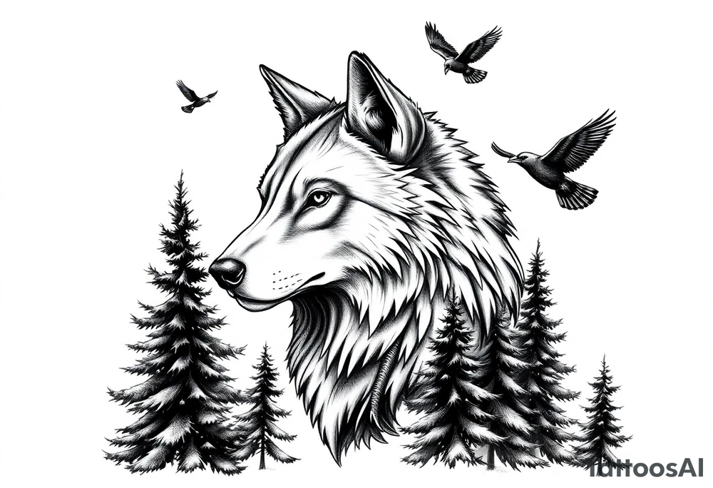 Wolf head surrounded by large pine trees and small ravens flying overhead tattoo idea