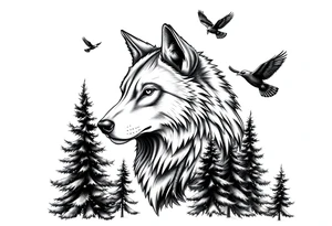 Wolf head surrounded by large pine trees and small ravens flying overhead tattoo idea