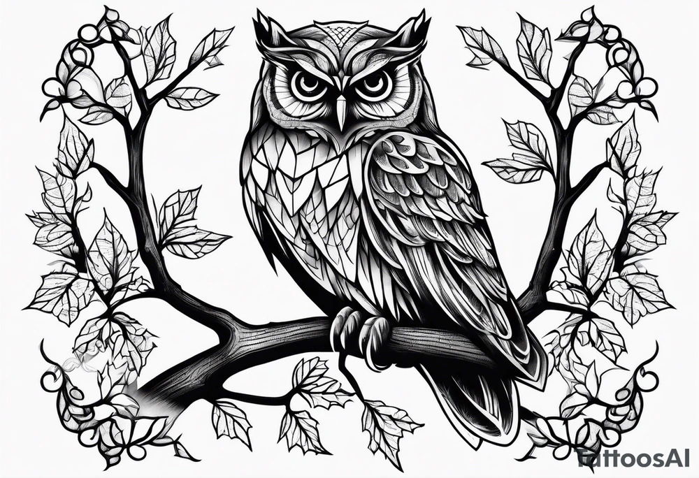 Vintage owl on maple branch tattoo idea