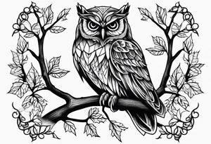 Vintage owl on maple branch tattoo idea