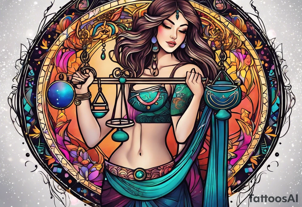 Libra woman holding scales with a night zodiac background including a half moon that encircles half of the woman with vibrant colors tattoo idea