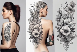 A back tattoo going down the spine. With birth flowers of March, April, June, August and September. tattoo idea