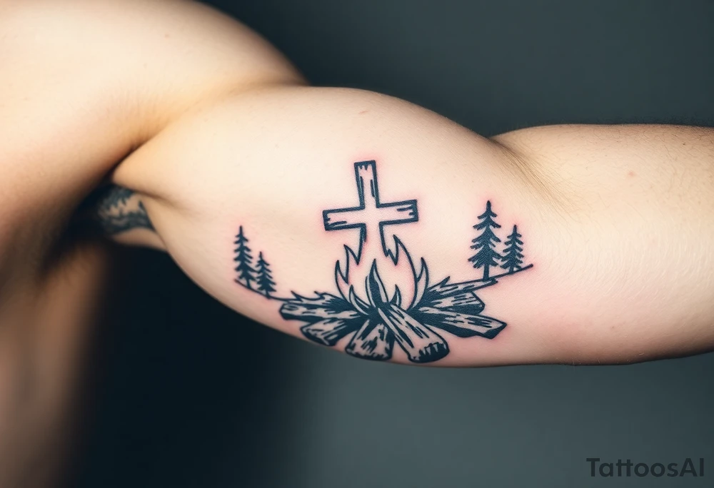 Campfire with cross hidden in the flames include the great outdoors tattoo idea
