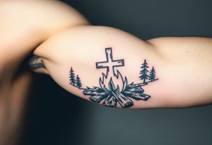 Campfire with cross hidden in the flames include the great outdoors tattoo idea