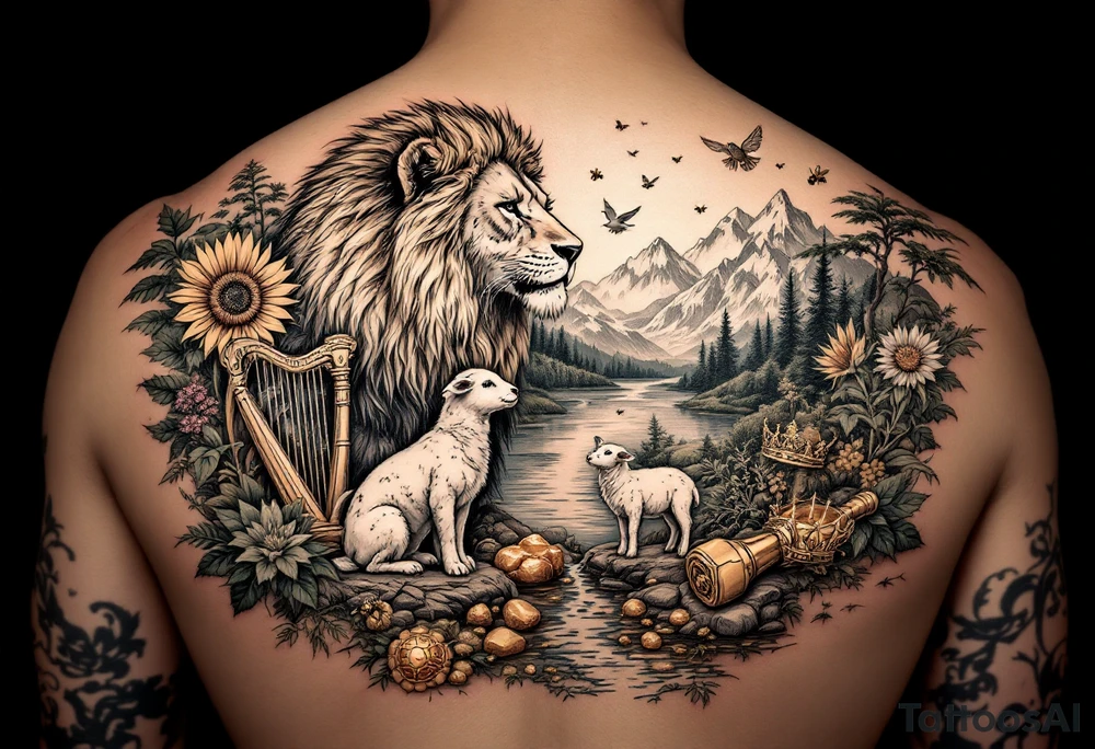 In beautiful  mountain scene with streams and lakes a majestic lion interacts and protects a dove, a lamb,  a sunflower, a harp, a golden nugget, an ancient hammer, a crown, and honeybees.  Everything works together synergistically and gives an uplifting hopeful vibe tattoo idea