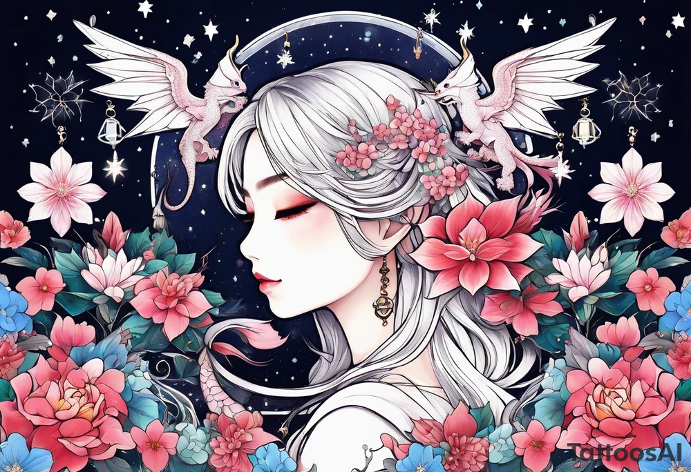 Constellation, wing , snow , cross , dragon female japan kawaii , flower tattoo idea